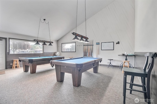 playroom featuring pool table, carpet, and lofted ceiling