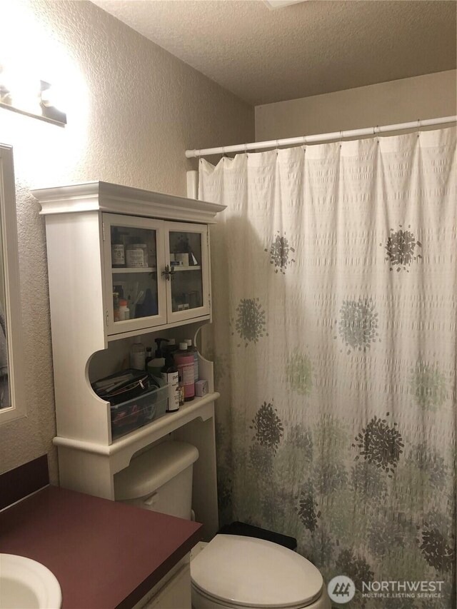 90 E Connemara, Shelton, WA 98584 - full bathroom featuring a textured wall, toilet, a textured ceiling, a shower with shower curtain, and vanity