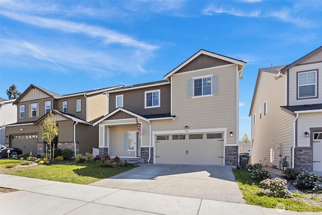 craftsman inspired home featuring a garage, stone siding, a front yard, and concrete driveway