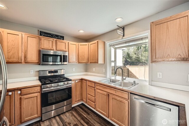 kitchen with recessed lighting, dark wood-style floors, light countertops, a sink, and appliances with stainless steel finishes