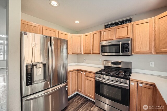 kitchen with light brown cabinets, light countertops, appliances with stainless steel finishes, dark wood-type flooring, and recessed lighting