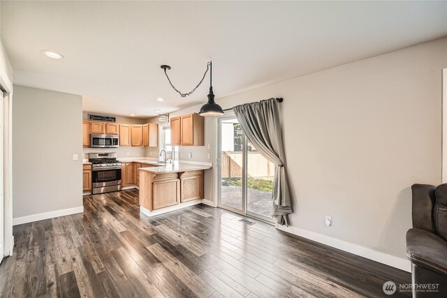 kitchen with stainless steel appliances, dark wood-style floors, baseboards, recessed lighting, and light countertops