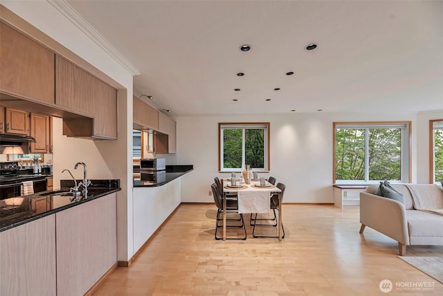 1028 Lakeview Blvd E Unit 6, Seattle, WA 98102 - kitchen with light wood-style flooring, under cabinet range hood, black / electric stove, a sink, and dark stone countertops