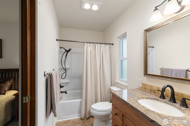 full bath with vanity, toilet, shower / bathtub combination with curtain, and tile patterned flooring
