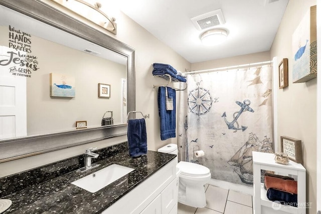 4 Dakota Ln, Elma, WA 98541 - full bathroom featuring toilet, visible vents, tile patterned flooring, a shower with shower curtain, and vanity
