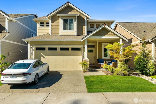 craftsman inspired home with a garage, driveway, a shingled roof, and a porch