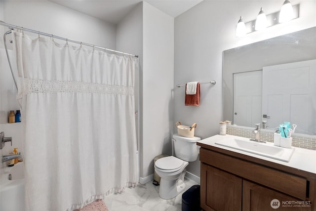 full bath featuring toilet, tasteful backsplash, marble finish floor, a shower with shower curtain, and vanity