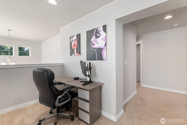 office space featuring light carpet, baseboards, and recessed lighting