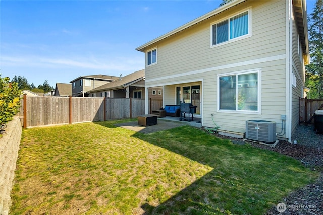 rear view of house featuring a fenced backyard, central AC unit, outdoor lounge area, a lawn, and a patio