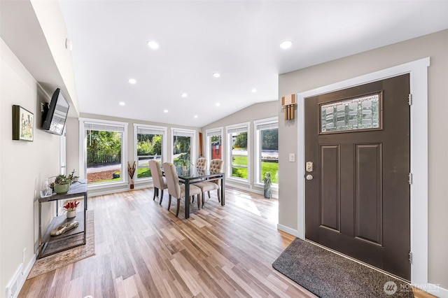 2376 Forest View Dr, Bellingham, WA 98229 - entrance foyer with light wood-type flooring, lofted ceiling, and recessed lighting