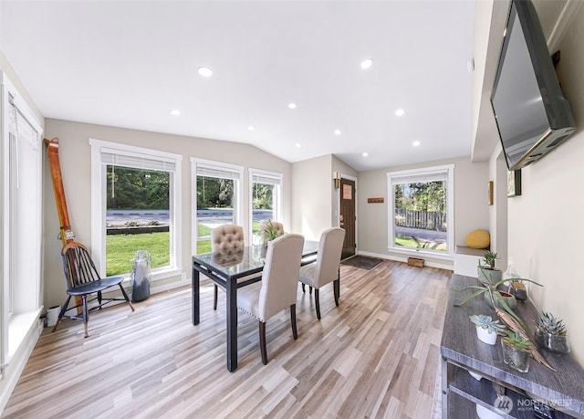 2376 Forest View Dr, Bellingham, WA 98229 - dining room with vaulted ceiling, light wood-style floors, and recessed lighting