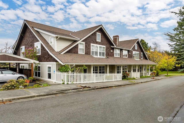 350 Castellano Way Unit 204, Port Townsend, WA 98368 - view of front of home featuring a shingled roof, fence private yard, a chimney, and covered porch