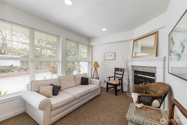 350 Castellano Way Unit 204, Port Townsend, WA 98368 - carpeted living room with recessed lighting, baseboards, and a fireplace