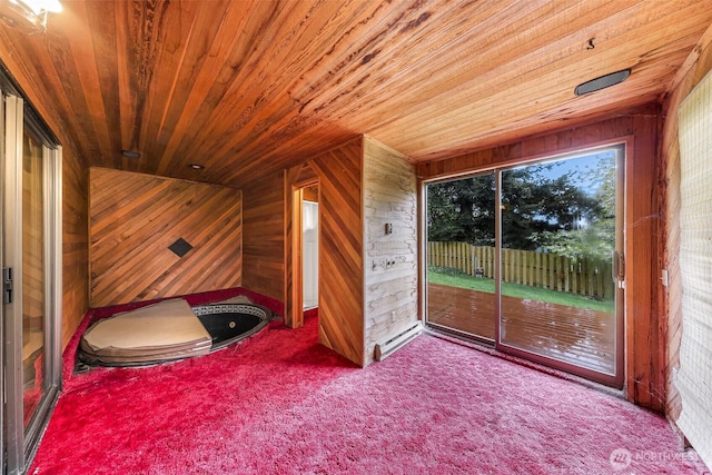 additional living space featuring wood ceiling, wooden walls, and carpet floors