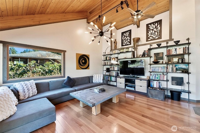 335 Blakely Dr, Blakely Island, WA 98222 - living room featuring wood ceiling with exposed beams, wood finished floors, high vaulted ceiling, and a chandelier