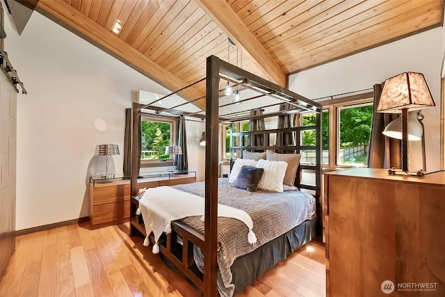 335 Blakely Dr, Blakely Island, WA 98222 - bedroom featuring wood ceiling, light wood finished floors, and baseboards