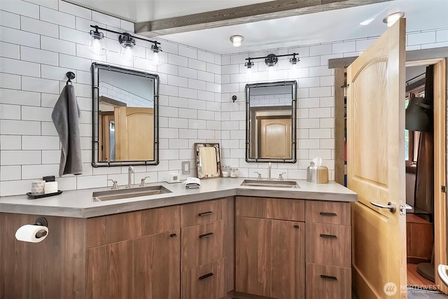 335 Blakely Dr, Blakely Island, WA 98222 - full bathroom featuring double vanity, tile walls, and decorative backsplash