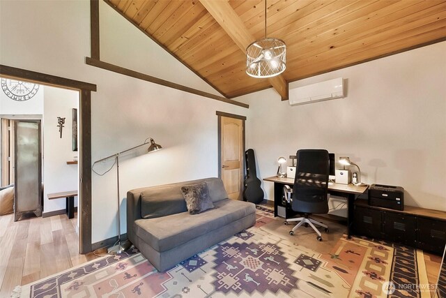 335 Blakely Dr, Blakely Island, WA 98222 - office area featuring wooden ceiling with exposed beams, a wall unit AC, light wood-type flooring, high vaulted ceiling, and baseboards