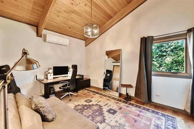 335 Blakely Dr, Blakely Island, WA 98222 - office space featuring a wall mounted AC, wood ceiling, wood finished floors, and baseboards