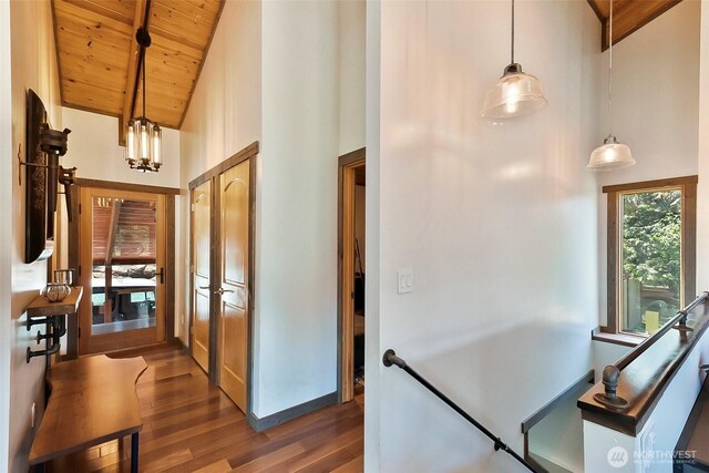 335 Blakely Dr, Blakely Island, WA 98222 - hall featuring wood ceiling with exposed beams, high vaulted ceiling, dark wood-type flooring, and a chandelier