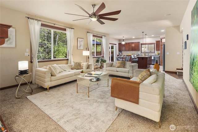 19301 87th Avenue Ct E, Graham, WA 98375 - carpeted living area featuring a ceiling fan, baseboards, and recessed lighting