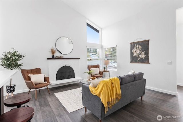 living room featuring high vaulted ceiling, baseboards, wood finished floors, and a fireplace