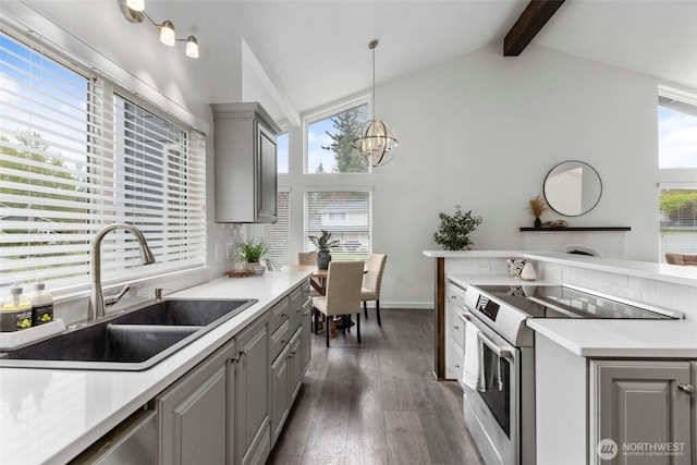 kitchen with appliances with stainless steel finishes, dark wood-style floors, a sink, and gray cabinetry