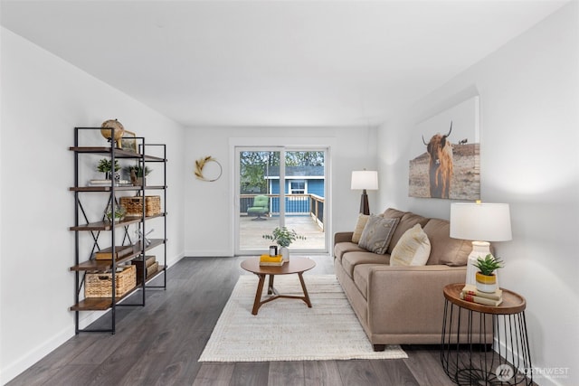 living room with baseboards and dark wood-type flooring