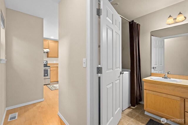 bathroom with baseboards, visible vents, wood finished floors, and vanity
