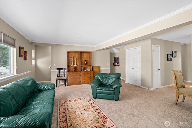 living room with baseboards, ornamental molding, and carpet