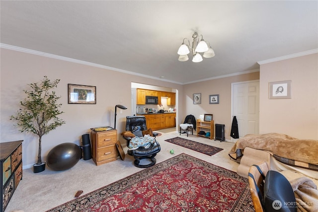 12724 Marine Dr, Anacortes, WA 98221 - living area featuring light colored carpet, an inviting chandelier, ornamental molding, and baseboards