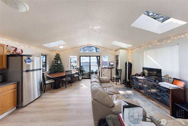 12724 Marine Dr, Anacortes, WA 98221 - living area featuring light wood-type flooring and vaulted ceiling with skylight