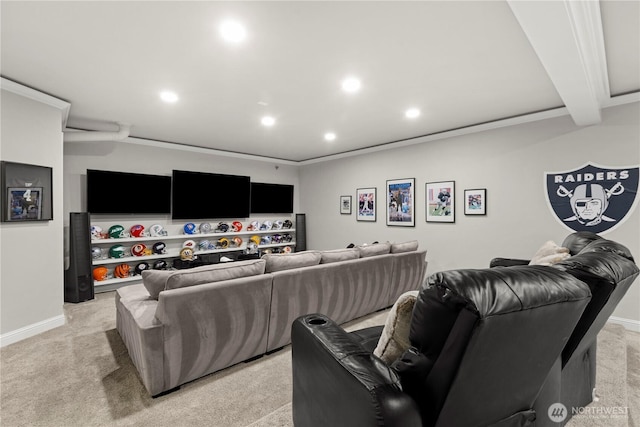 home theater with recessed lighting, baseboards, and light colored carpet