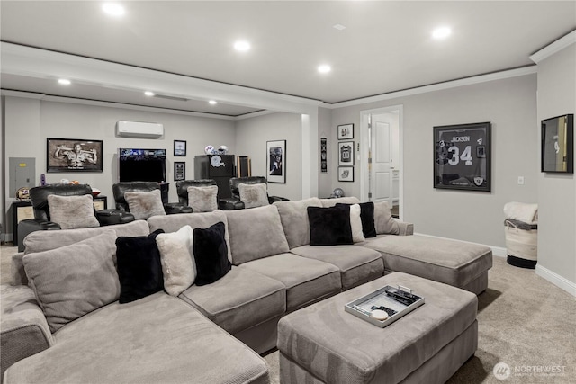 living area featuring a wall unit AC, baseboards, recessed lighting, light colored carpet, and ornamental molding