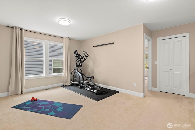 exercise area with baseboards and carpet floors