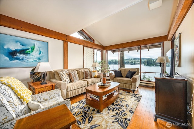living area with lofted ceiling, light wood-type flooring, and a baseboard radiator