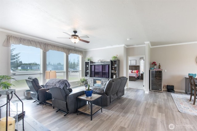 living area with wine cooler, light wood-type flooring, and plenty of natural light