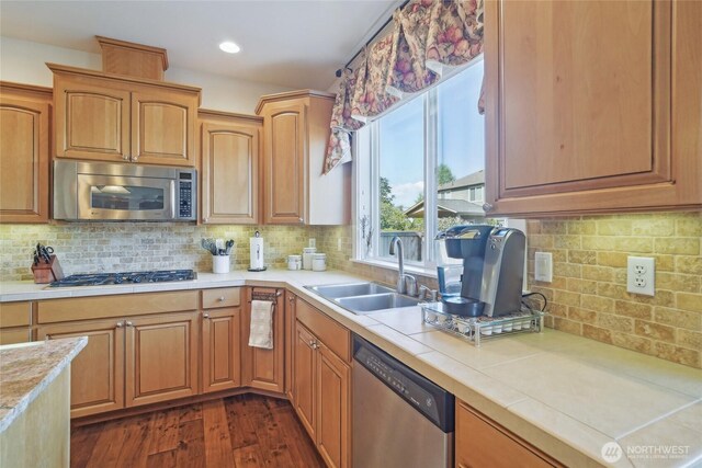 kitchen featuring decorative backsplash, tile counters, appliances with stainless steel finishes, dark wood-style flooring, and a sink