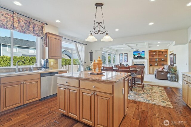 kitchen featuring a sink, recessed lighting, dishwasher, and dark wood finished floors
