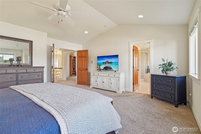 bedroom featuring recessed lighting, ceiling fan, vaulted ceiling, baseboards, and light colored carpet