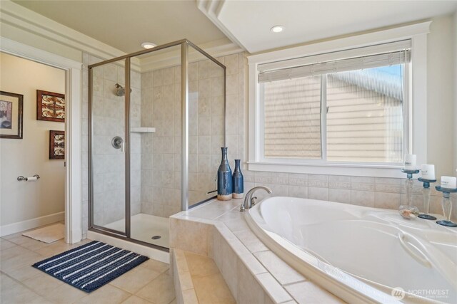 full bath with a bath, tile patterned flooring, recessed lighting, and a stall shower