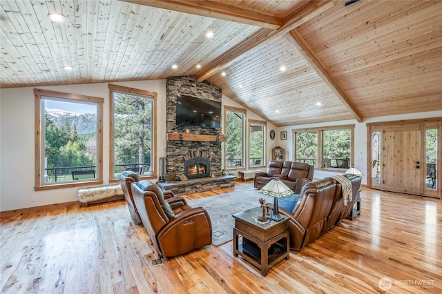 living area with a fireplace, wooden ceiling, baseboards, lofted ceiling with beams, and light wood-style flooring