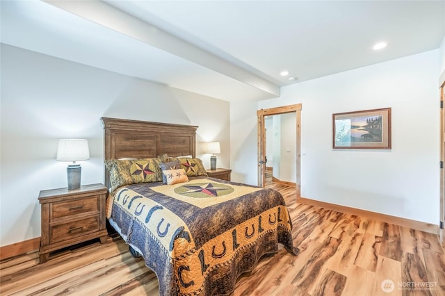 bedroom featuring recessed lighting, baseboards, and light wood-style floors