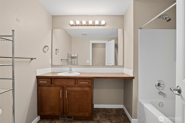 bathroom with shower / washtub combination, visible vents, vanity, and baseboards