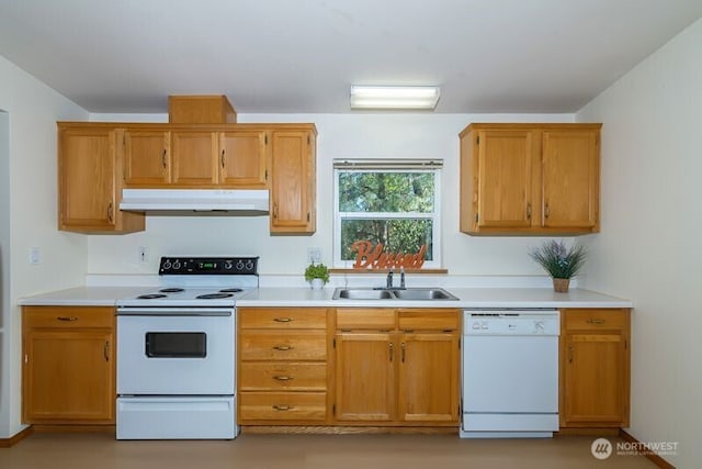kitchen with a sink, under cabinet range hood, white appliances, brown cabinetry, and light countertops