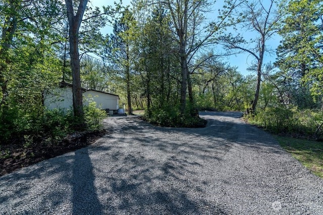 view of street with driveway and a forest view