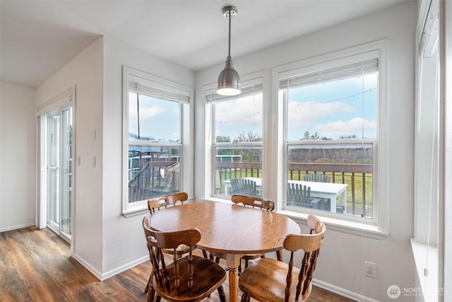 dining space with wood finished floors and baseboards
