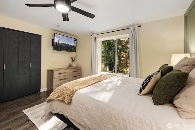 bedroom featuring a ceiling fan and dark wood-style flooring