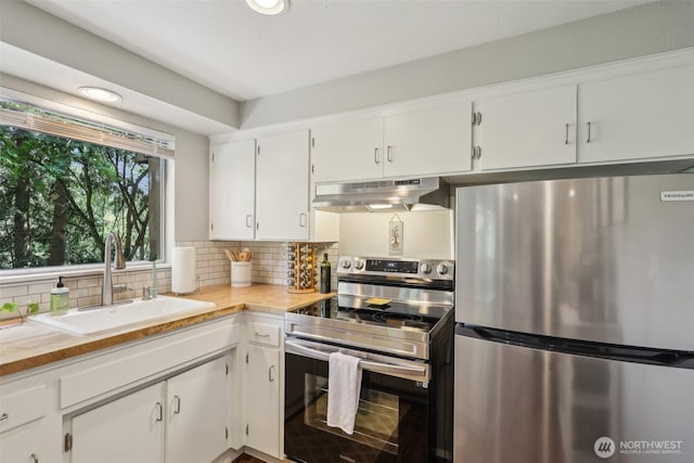 kitchen featuring a sink, under cabinet range hood, tasteful backsplash, white cabinets, and appliances with stainless steel finishes