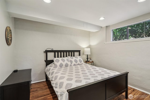 bedroom with baseboards, recessed lighting, and dark wood-style flooring
